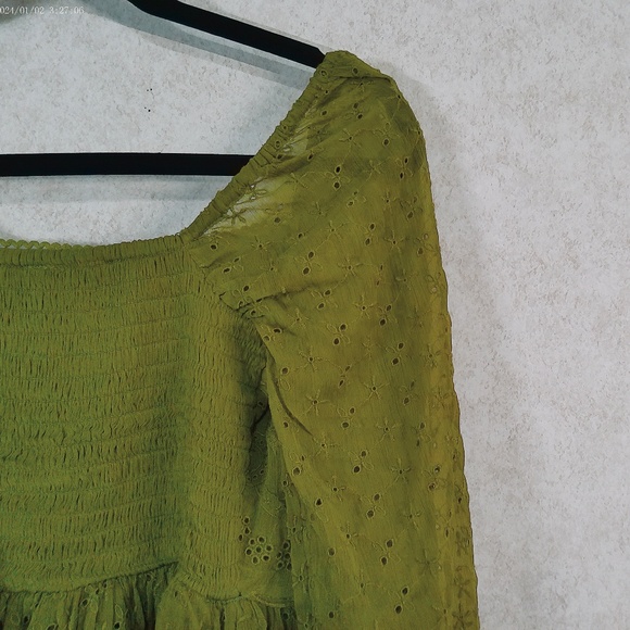 NWOT Free People Renaissance Eyelet Mini Dress, Olive Green, Fully Lined Sz Med. - Picture 8 of 9